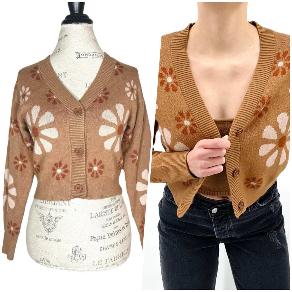 Altar’d State | Women | Caramel Daisy Floral Fall Cropped Cardigan | Size XS